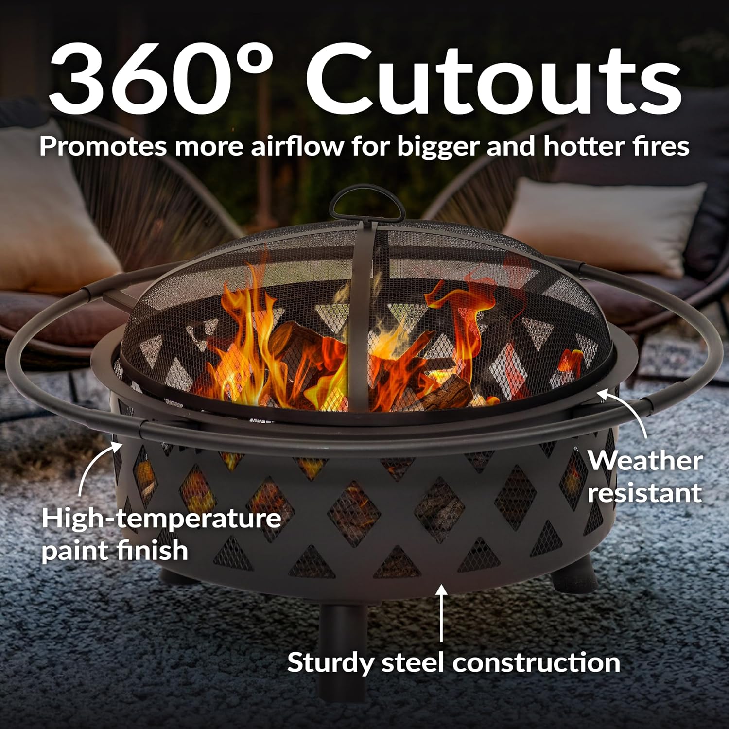 Sunnydaze Crossweave Large Outdoor Fire Pit, Wood Burning, Round, 36" | Black, Heavy Duty Steel Metal, Patio Fire Pit with Spark Screen, Poker, & Cover, Wood Firepit for Outside, Backyard, or Deck