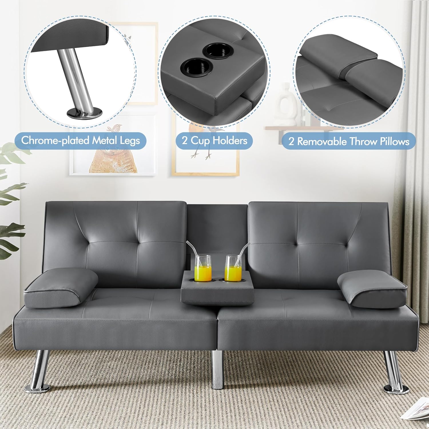 Yaheetech Convertible Futon Sofa Bed Loveseat with Cup Holder, Black