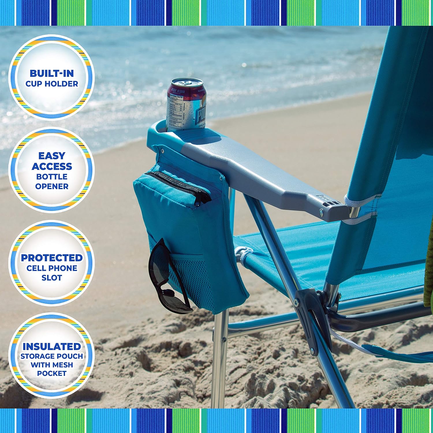 Rio Brands 17" Extended Height 4-Position Folding Beach, Camping, Lawn Chair, Blue/White/Green