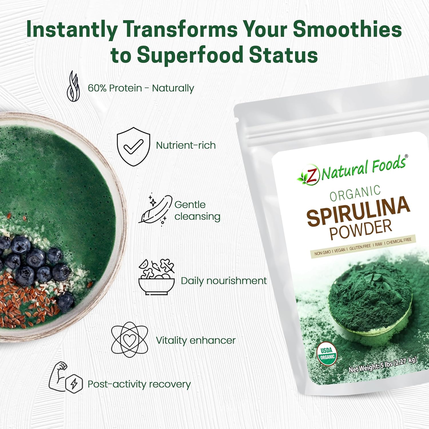 Z Natural Foods Organic Spirulina Powder - 16 oz (Pack of 1) | Organic, Blue-Green Algae Superfood, Spirulina, Raw, Contains Amino Acids, Mixes in Smoothies, Yogurt & Recipes
