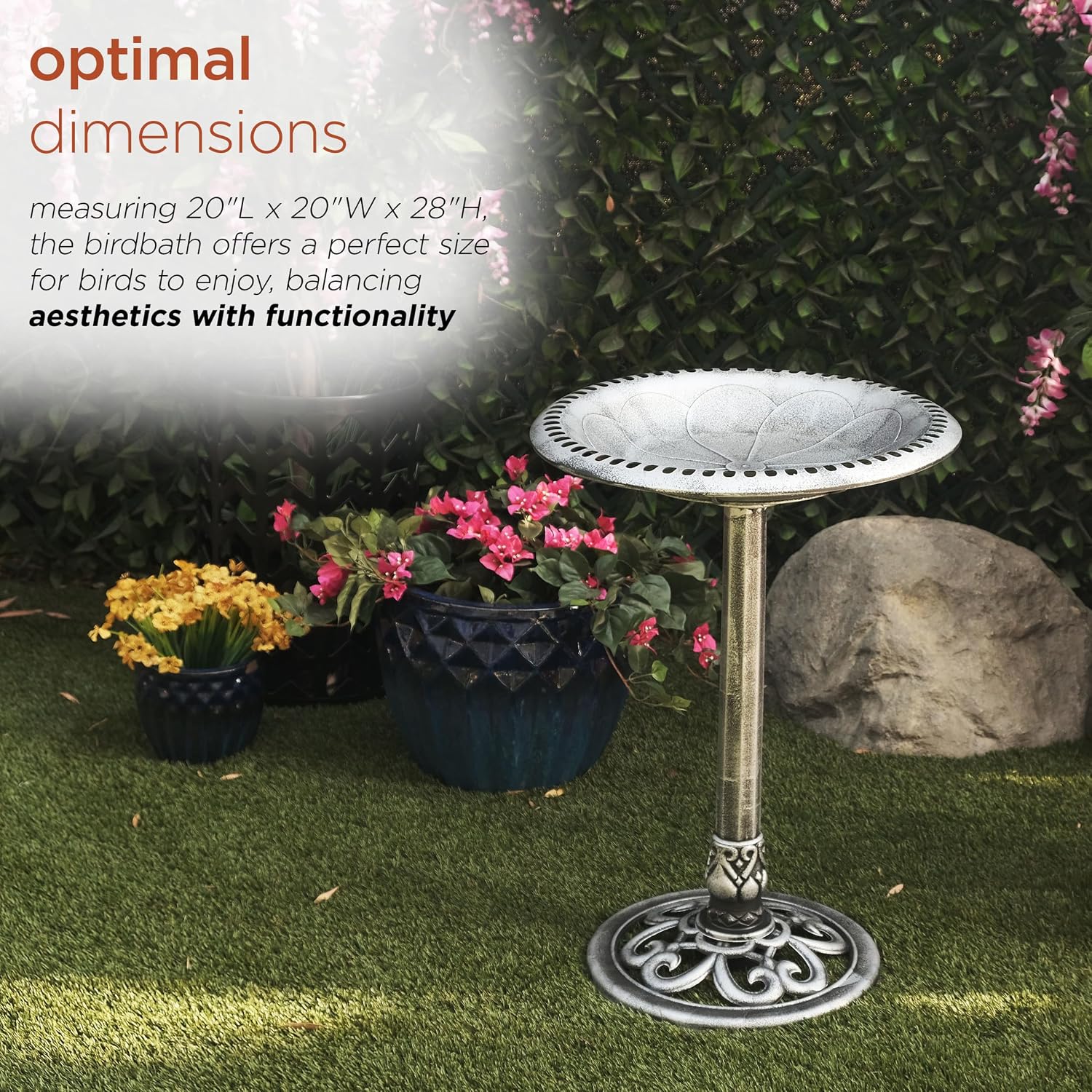 Alpine Corporation TEC116 Outdoor Aged Green Pedestal Birdbath with Scrollwork, 28" Tall, Green