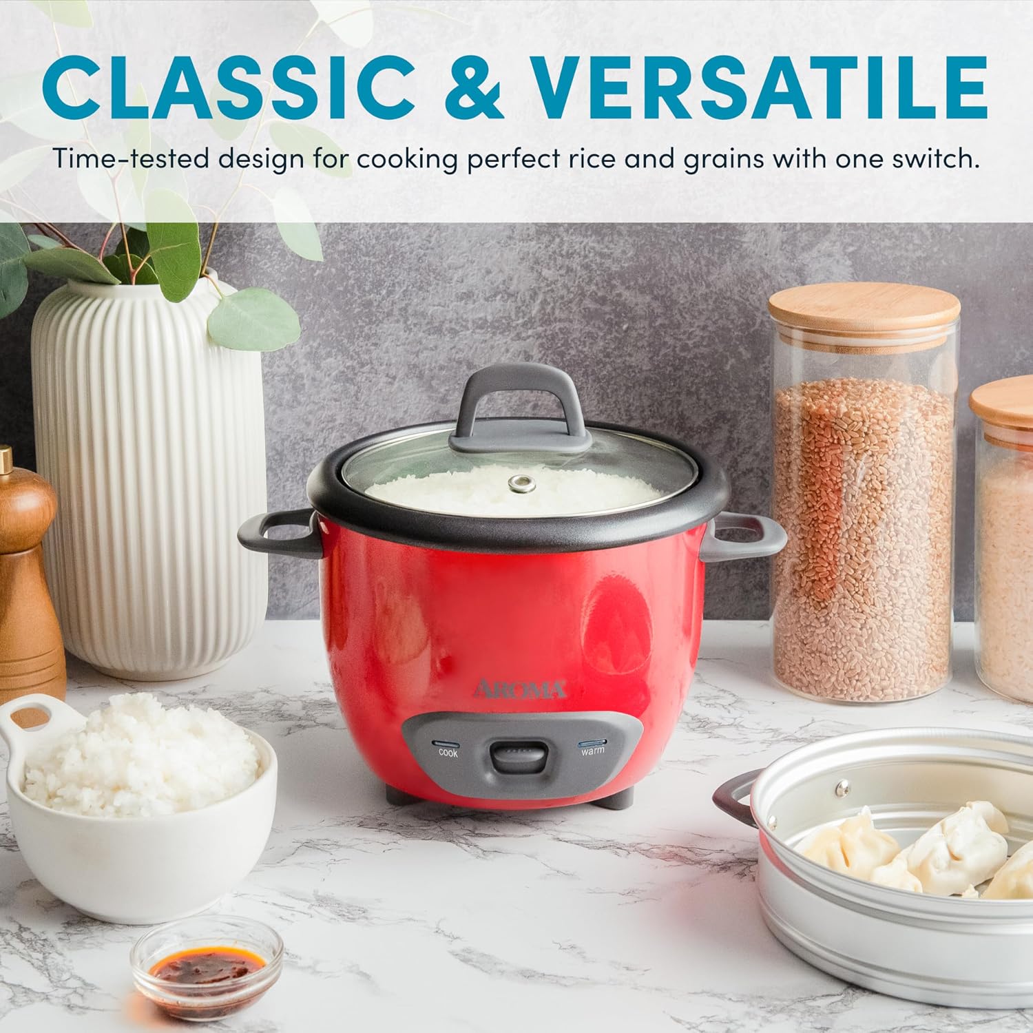 AROMA® Rice Cooker, 3-Cup (Uncooked) / 6-Cup (Cooked), Steamer, Small Rice Cooker, Oatmeal Cooker, Soup Maker, Auto Keep Warm, 1.5 Qt, White, ARC-743-1NG