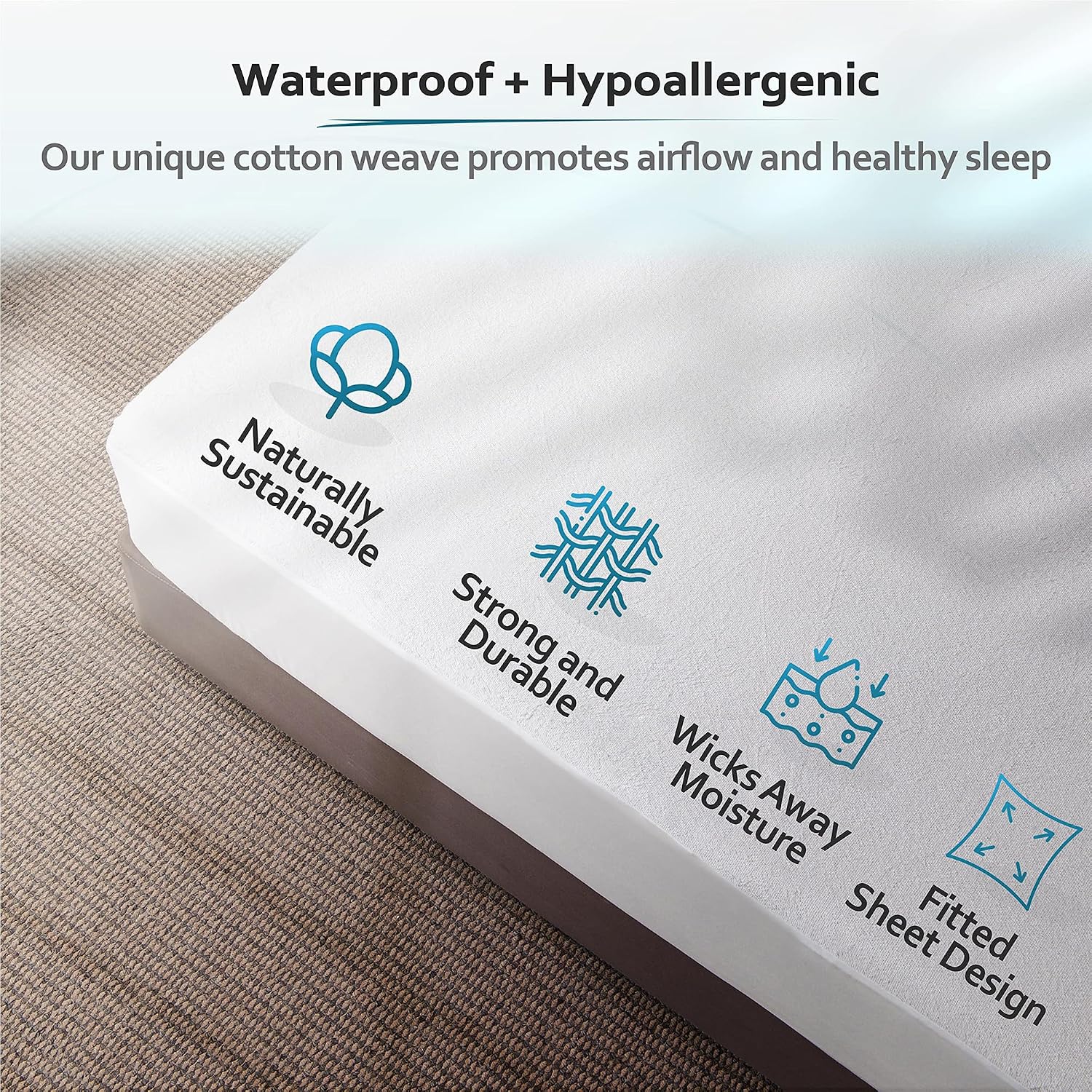 PlushDeluxe Waterproof King Mattress Protector, Terry Cotton | Fitted Sheet Bed Cover, Deep Stretchable Pockets, 76"x80"x18", Noiseless, Breathable, Hypoallergenic, Mite Proof, Washable