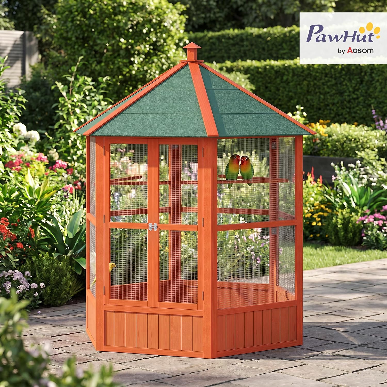 PawHut 44" Hexagon Covered Canopy Bird Cage with Stand Orange | Portable Aviary Flight Cage for Cockatiels, Conures, Lovebirds, Budgies & Small Birds