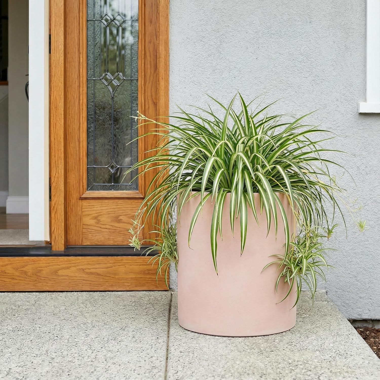 FaithLand 14 Inch Fiberstone Planter - Lightweight Modern Cylinder Plant Pot with Drainage Hole & Plug, Indoor Outdoor Use, Matte White
