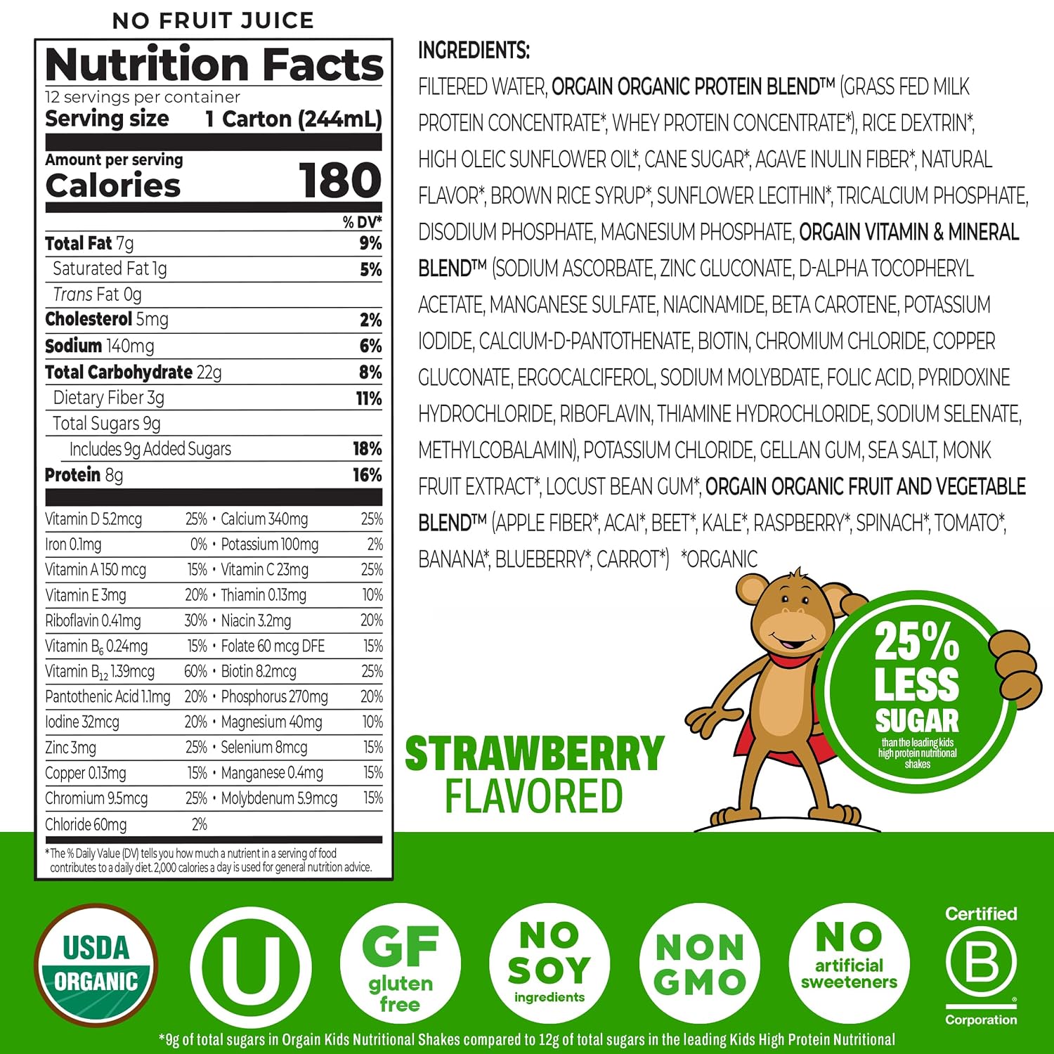 Orgain Organic Kids Dairy 8g Protein Shake, Chocolate, 8.25 oz, 12pk | Nutritional drink, grass-fed protein, 22 vitamins & minerals, 3g fiber, non-GMO, no soy, healthy snack for picky eaters