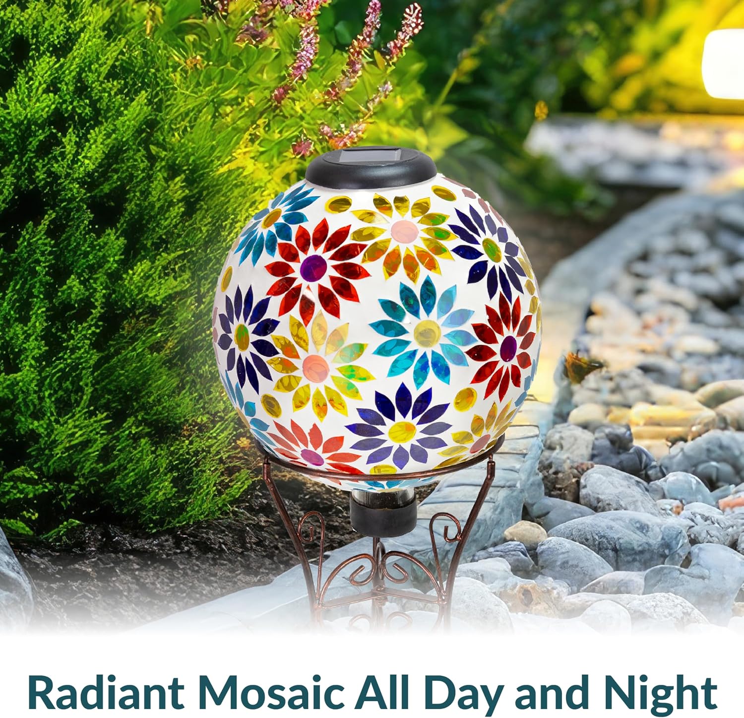 Sunnydaze Solar Gazing Ball for Garden, Mosaic Cool Blooms