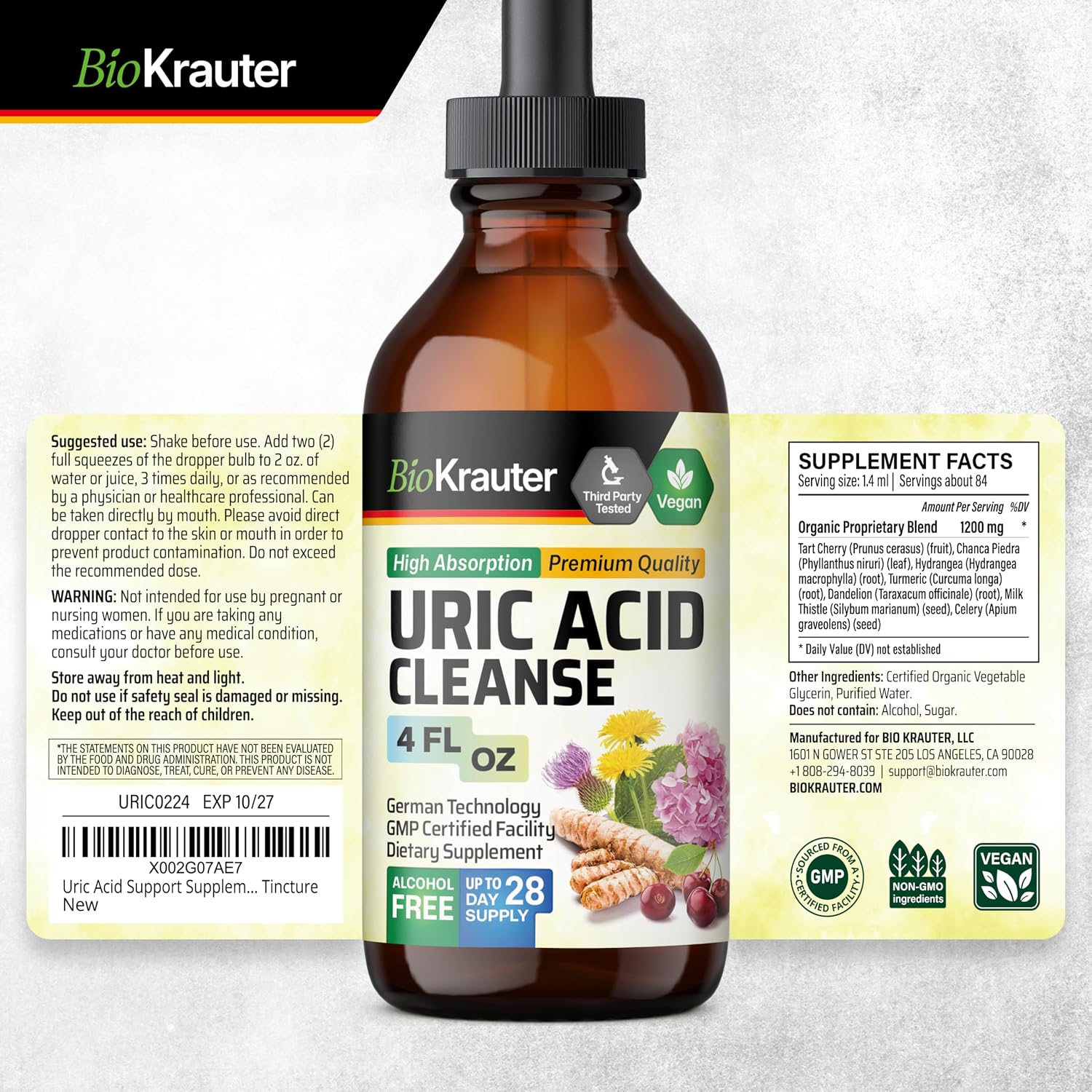 BIO KRAUTER® 7-in-1 Uric Acid Support Supplement with Tart Cherry, Dandelion Root, Cranberry