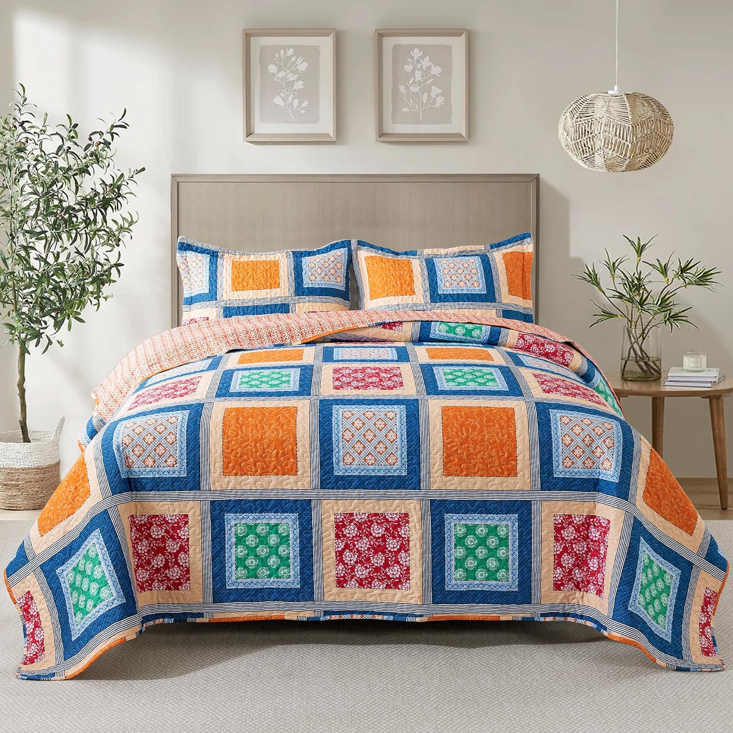 Striped Classical Cotton 3-Piece Patchwork Bedspread Quilt Sets, King Size