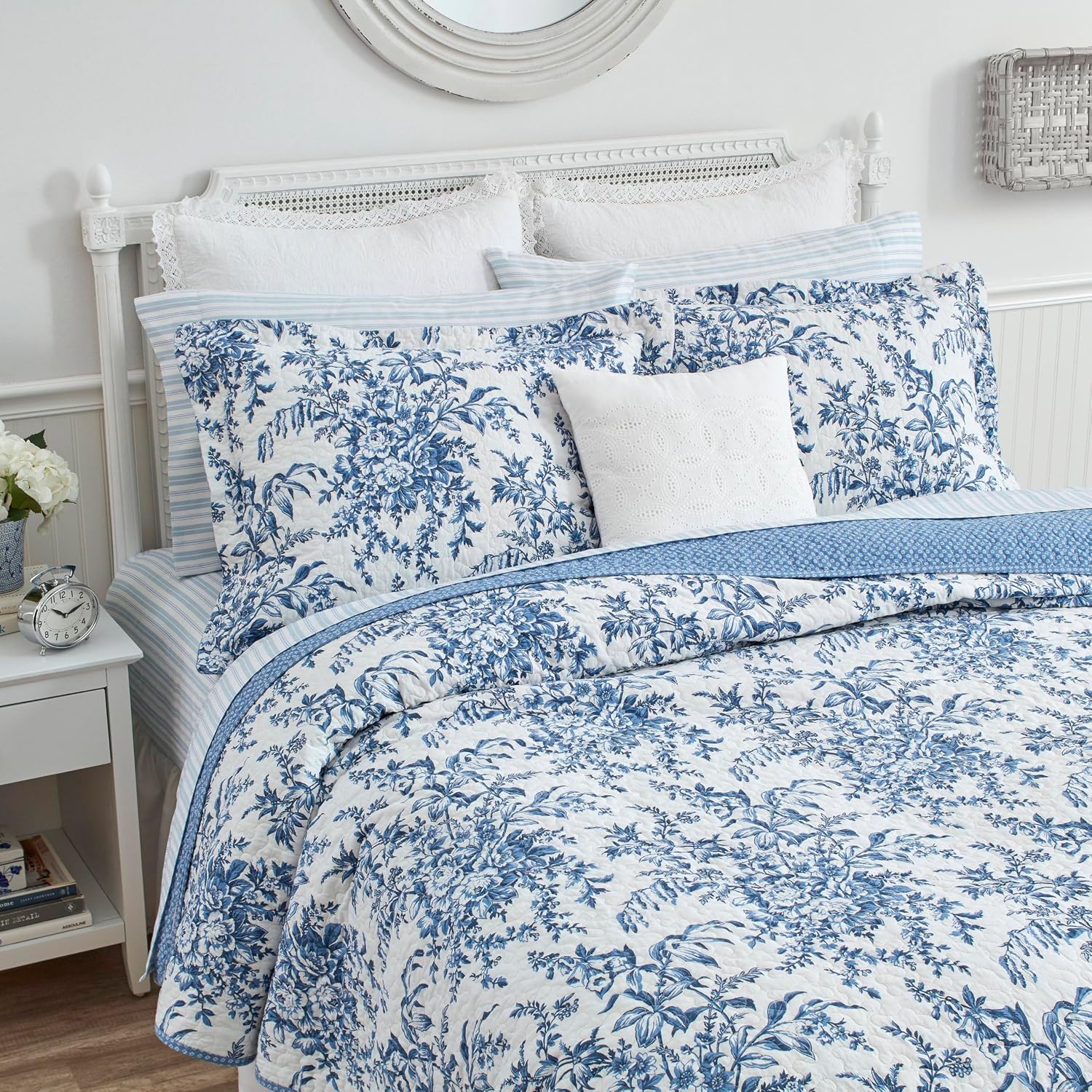 Laura Ashley – Queen Quilt Set, Soft & Lightweight Bedding with Matching Shams, Reversible Floral Room Decor, College Dorm Room Essentials (Bedford Blue)