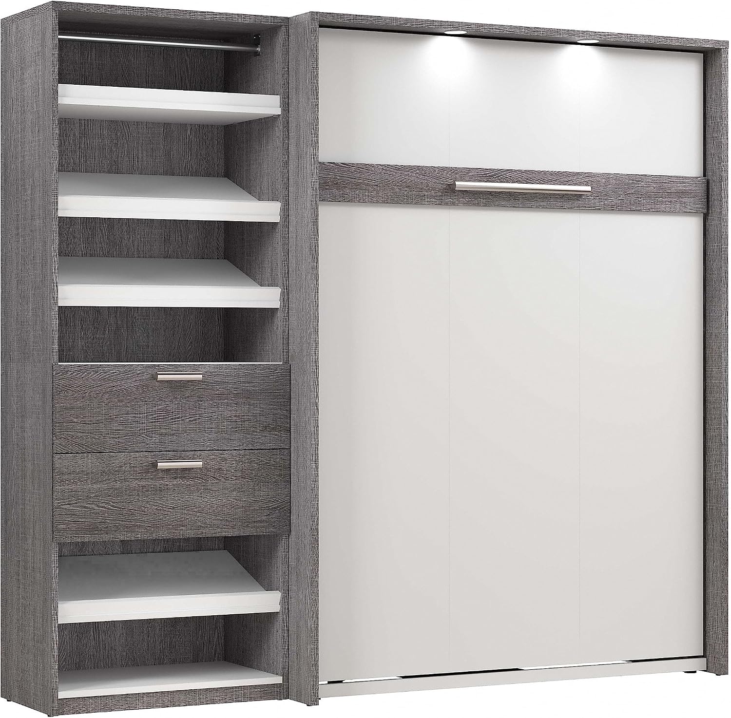 Bestar Cielo Full Murphy Bed with Closet Organizer (89W) in Bark Gray and White, Sleeping Arrangement for Multipurpose Room | Closet Organizer
