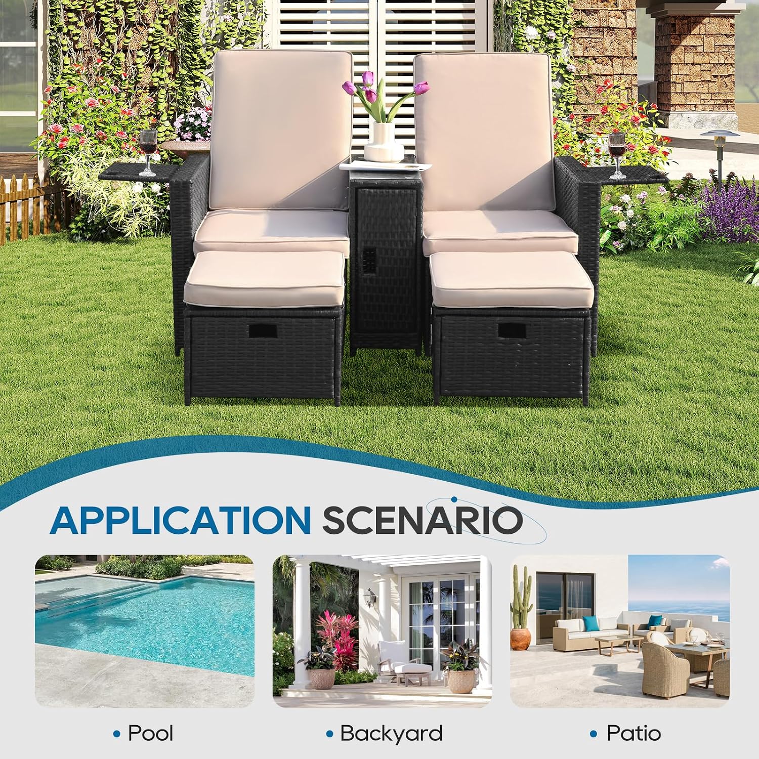 5PCS Outdoor Wicker Chaise Lounge Chair - Rattan Adjustable Reclining Patio Lounge Chair with Ottoman and Coffee Table