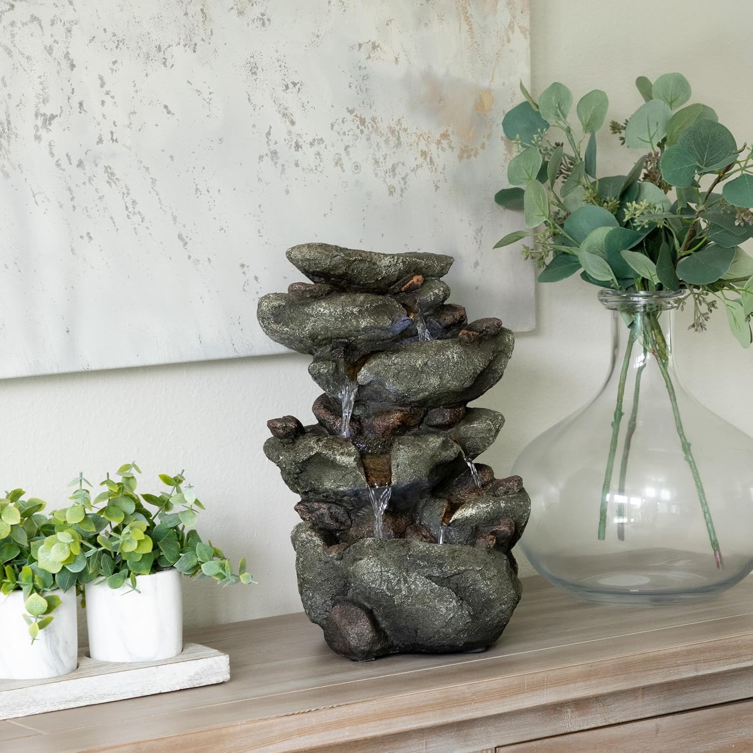 Alpine Corporation 13" Tall Indoor Tabletop Water Fountain, 4 Tier Cascading Water Feature with LED Lights for Home, Office, Living Room, or Zen Decor, Gray