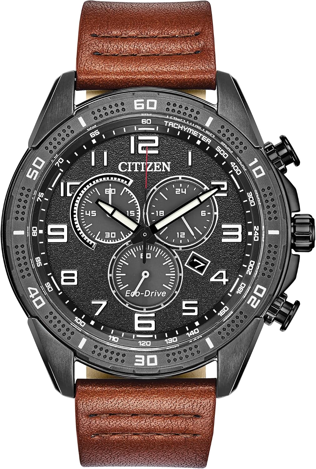 Citizen Men's Eco-Drive Weekender Chronograph Watch in Black IP Stainless Steel with Brown Leather Strap, Black Dial (Model: AT2447-01E)
