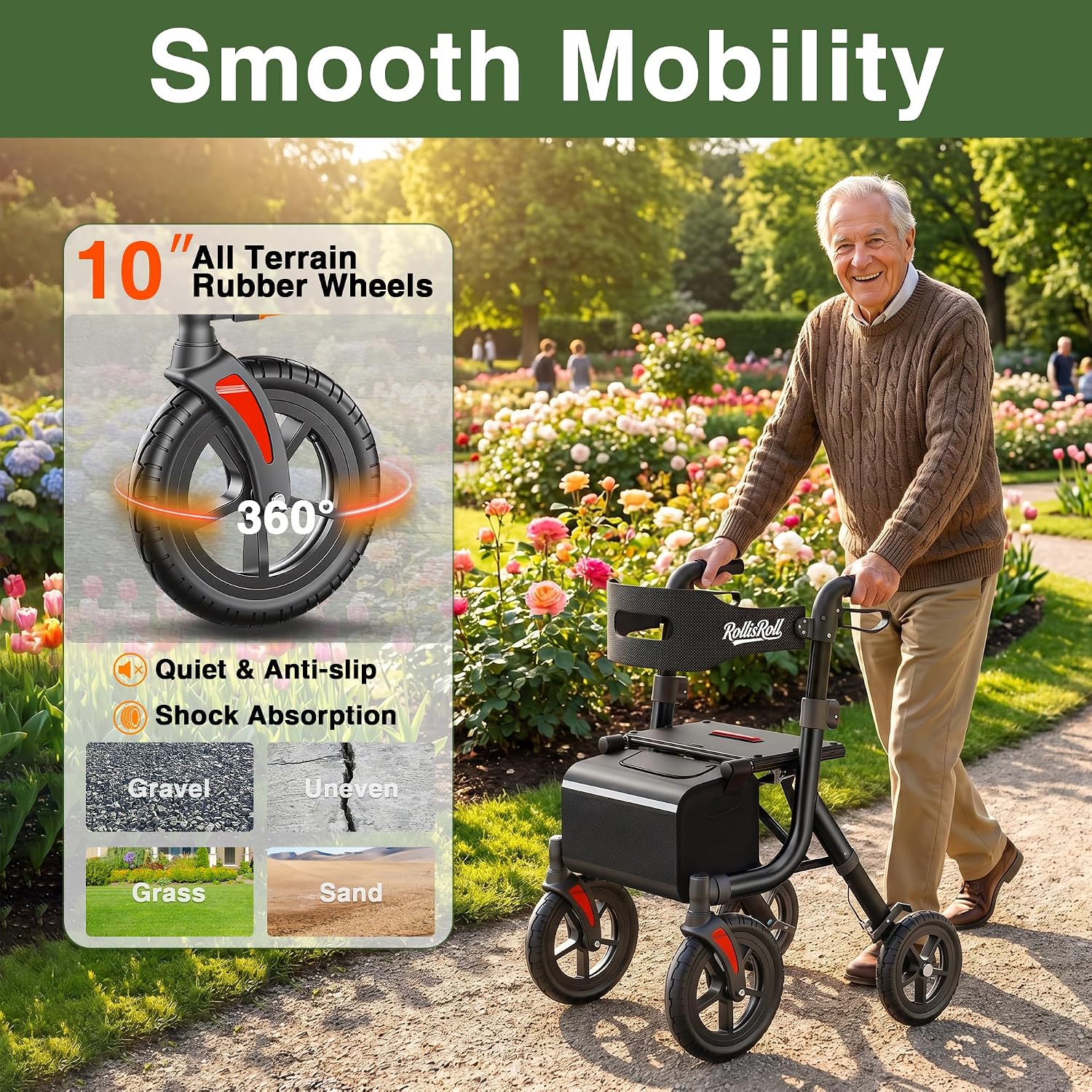 Walkers for Seniors, Rollator Walker with Seat, 10" Big Rubber Wheels All Terrain Rolling Walker, Lightweight Foldable Rollator Walker, Built-in Cable, Reinforced Aluminum Frame, Orange