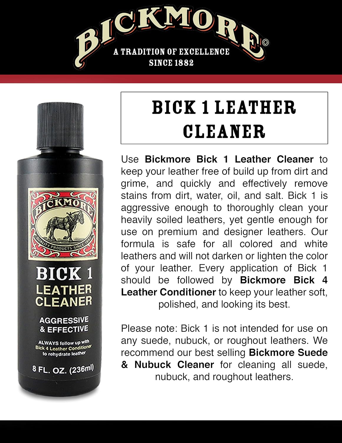 Bickmore Bick 1 Leather Cleaner 8 oz | Cleans dirt, oil, sweat, salt and water stains from all colored, white and black leather.