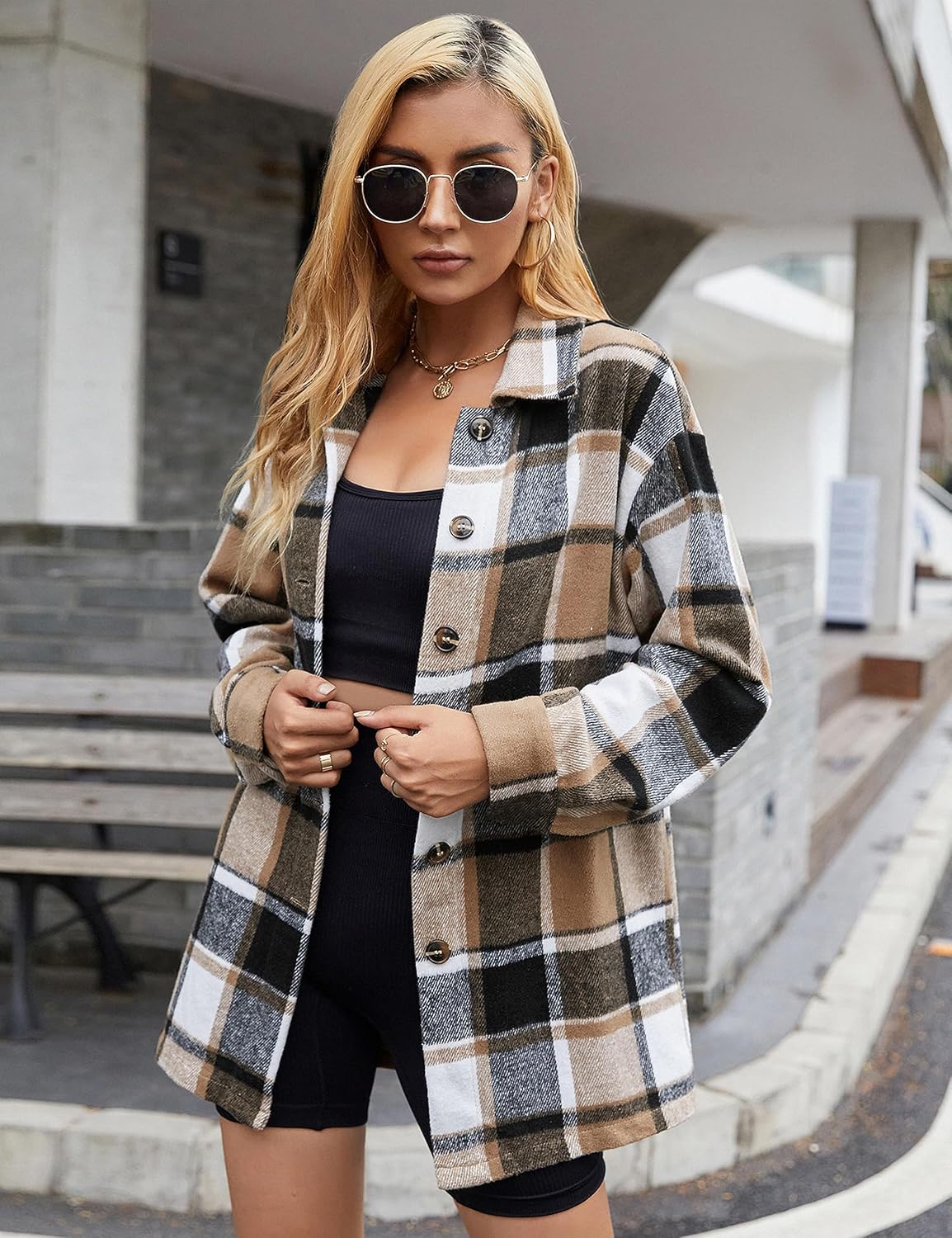 Yeokou Women's Plaid Flannel Shacket Oversized Button Down Long Sleeve Shirt Jacket Casual Spring Fall Outfits