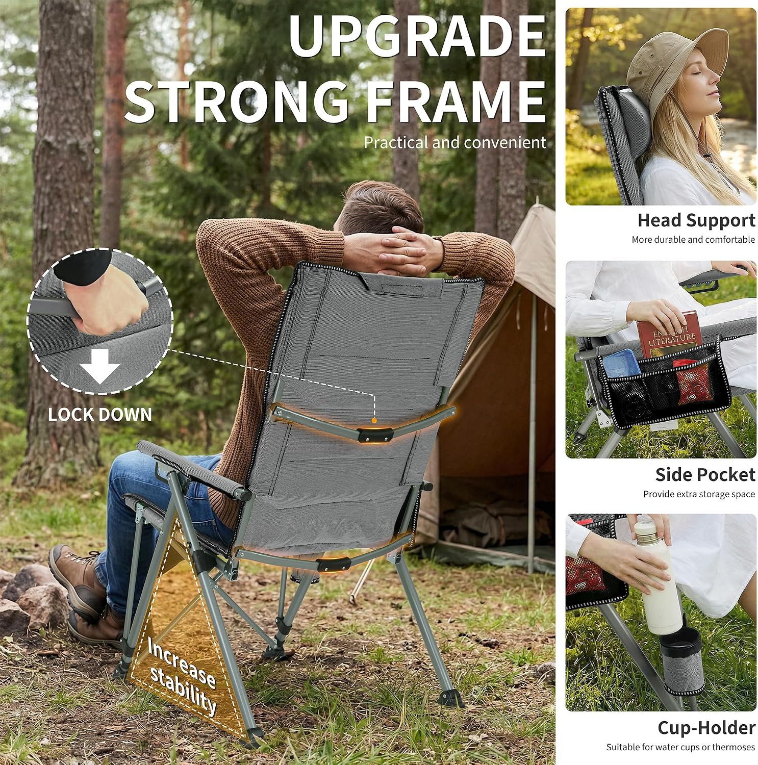 Adjustable Back Folding Camping Chair for Camp, Picnic, Lawn, Fishing | Adjustable Back; Weight Capacity 400 LBS;Hard Arm Portable Chair;Cup Holder;Storage Bag;carrying bag
