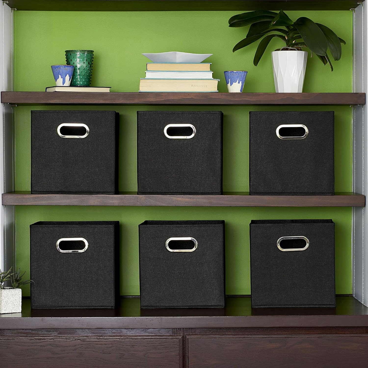 Household Essentials Fabric Storage Bins 6 Piece Set, Strong Poly-Woven Fabric, Sturdy Chipboard Sides, Grommet Front Handle, Stackable and Foldable, Classic Design, Navy
