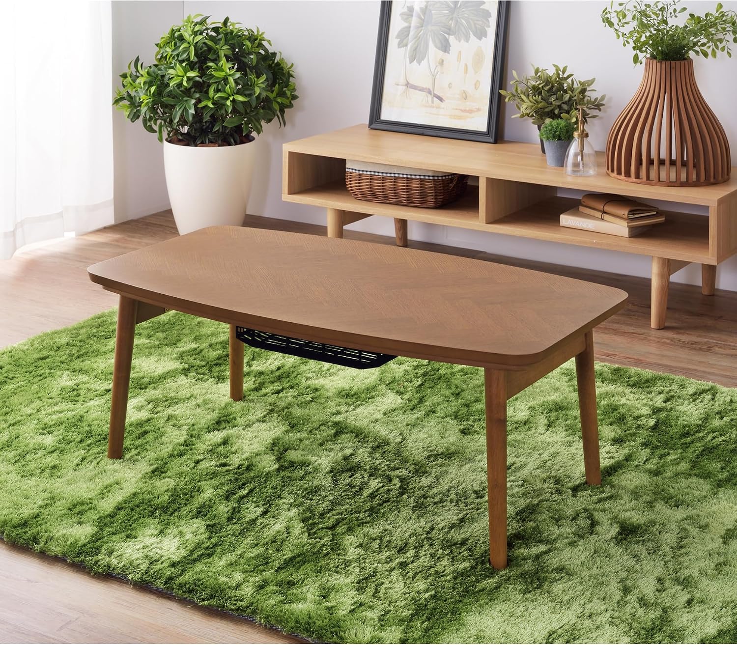 AZUMAYA Kotatsu Heater Folding Legs Table W36.0 x D20.0 x H14.5 Inches Natural Oak and Rubber Wood Material Home and Living Herringbone Pattern Table Top Wood Brown Color KT-111