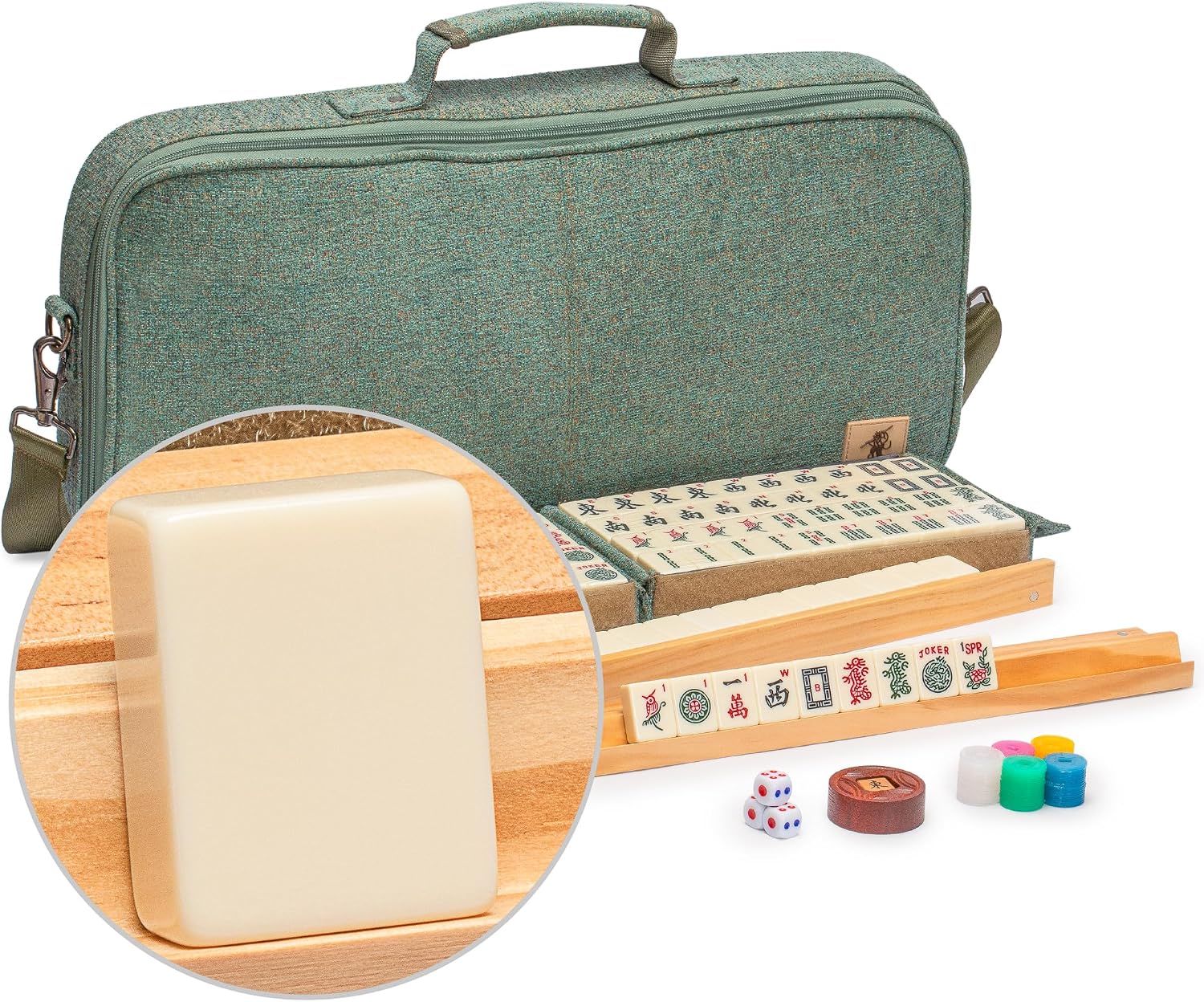 Yellow Mountain Imports American Mahjong Set, Chinoise with Soft Leatherette Case - Racks with Pushers, Scoring Coins, Dice, and Wind Indicator