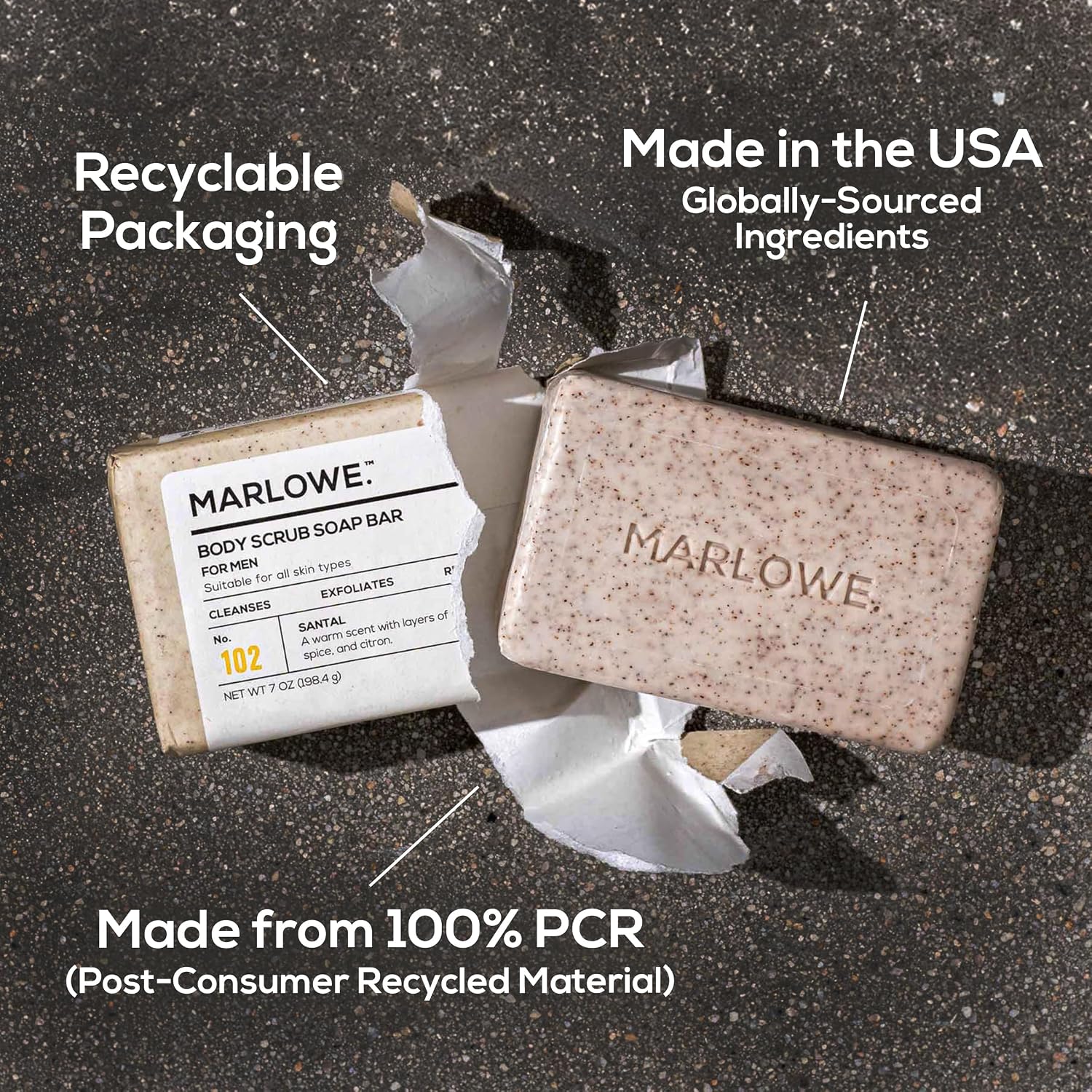 MARLOWE. Body Scrub Soap, Exfoliating Soap Bar, Sage + Fir, 7 oz | Scrub Soap Bar that deeply cleanses and exfoliates while buffing away rough, dry skin. Original Sage + Fir scent.