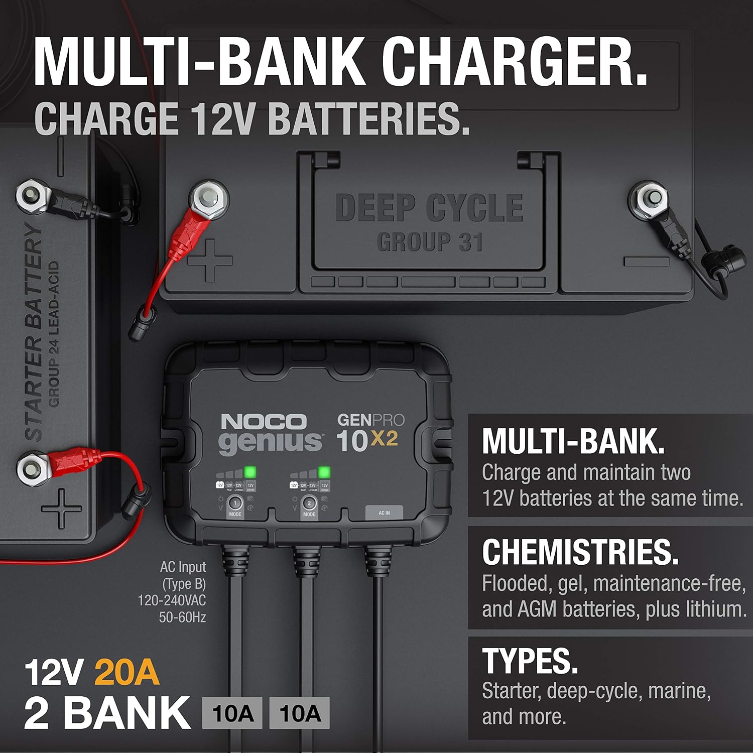 NOCO GENPRO10X2 12V 20A 2-Bank OnBoard Marine Battery Charger & Maintainer