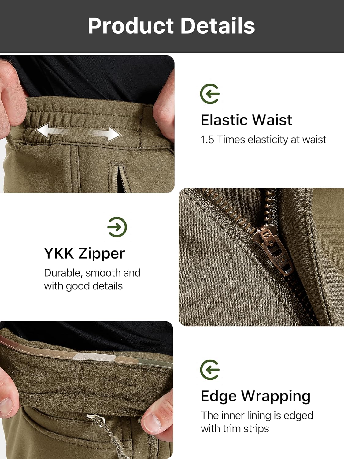 FREE SOLDIER Men's Outdoor Softshell Fleece Lined Cargo Pants | Snow Ski Hiking Pants with Belt, Waterproof Winter Pants, Insulated Work Pants, Breathable Windproof Insulated Pants