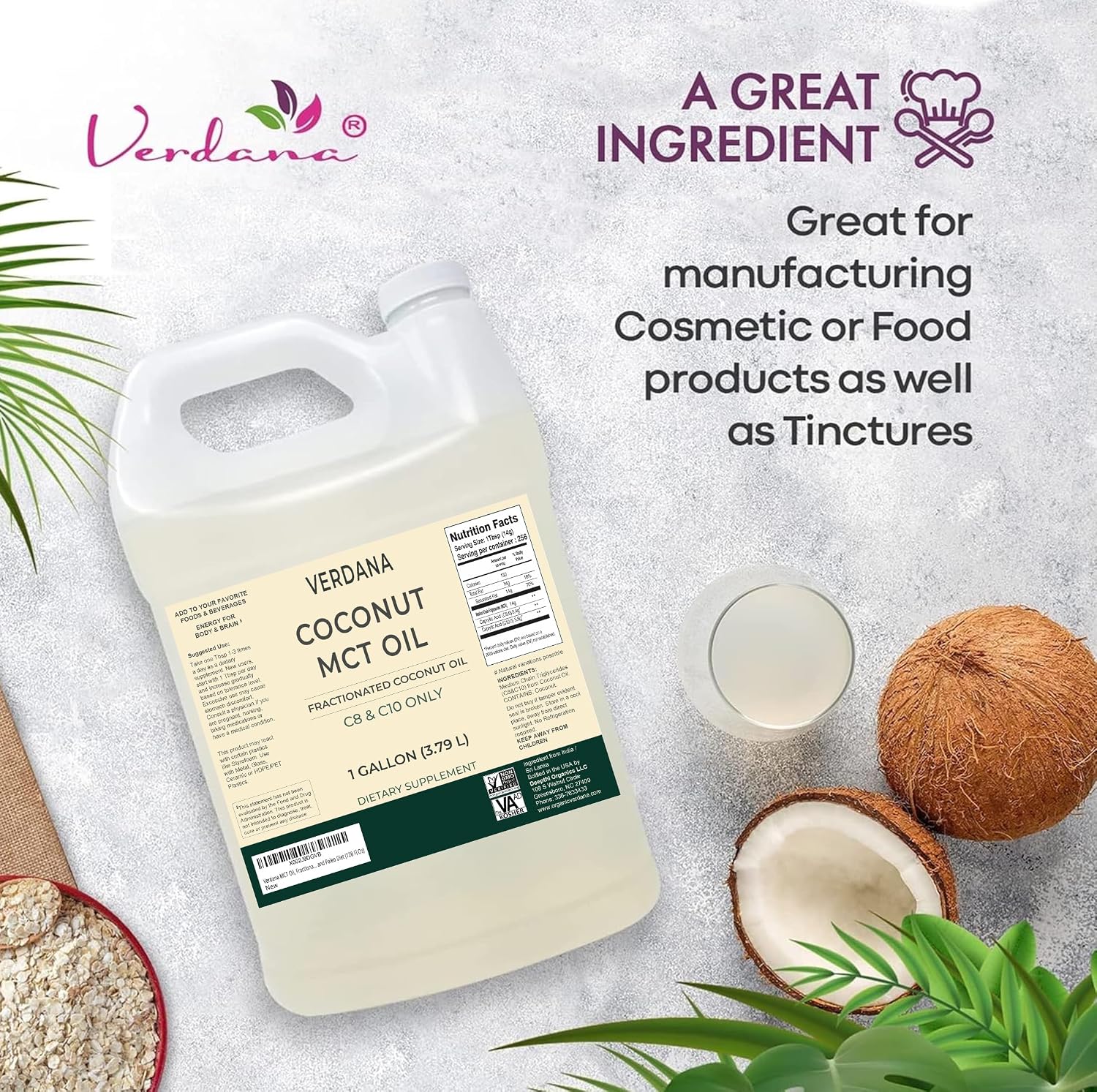 Verdana MCT Oil, Fractionated, 100% from Coconut - 1 Gallon - Kosher Food Grade, Vegan, Non-GMO - Great for Keto and Paleo Diet (128 Fl Oz)
