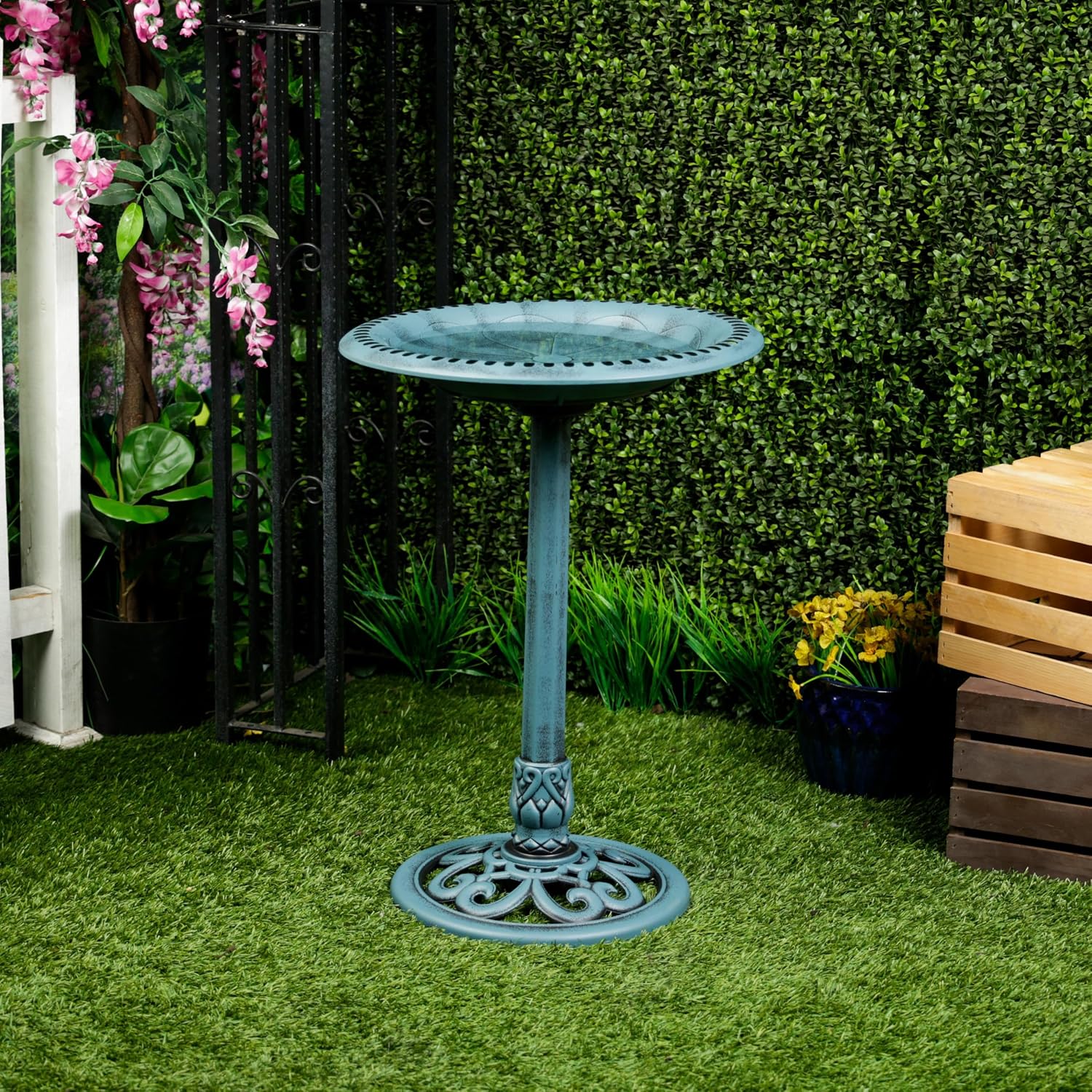 Alpine Corporation TEC116 Outdoor Aged Green Pedestal Birdbath with Scrollwork, 28" Tall, Green