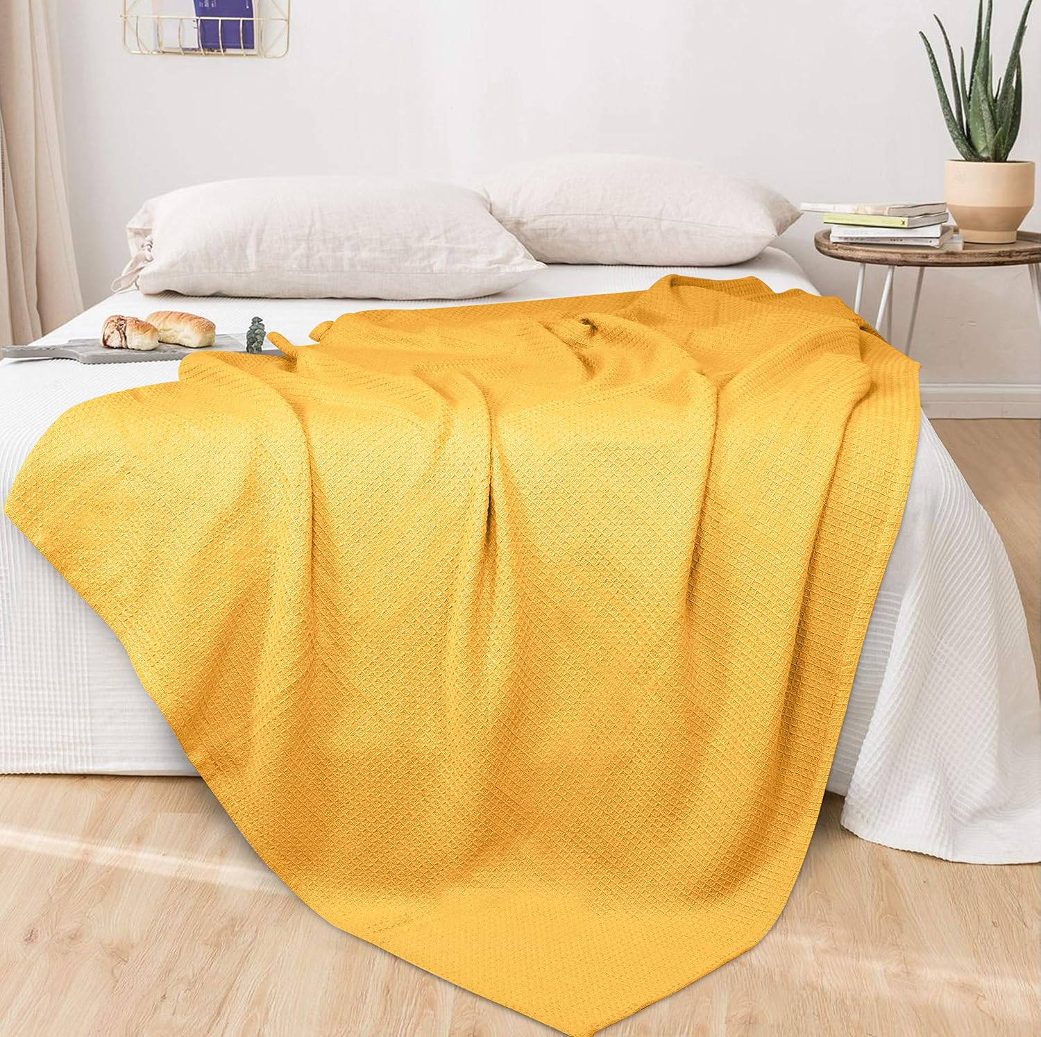 Glamburg 100% Cotton Thermal Bed Blanket, Soft Waffle, Queen Size, All Season, Navy Blue
