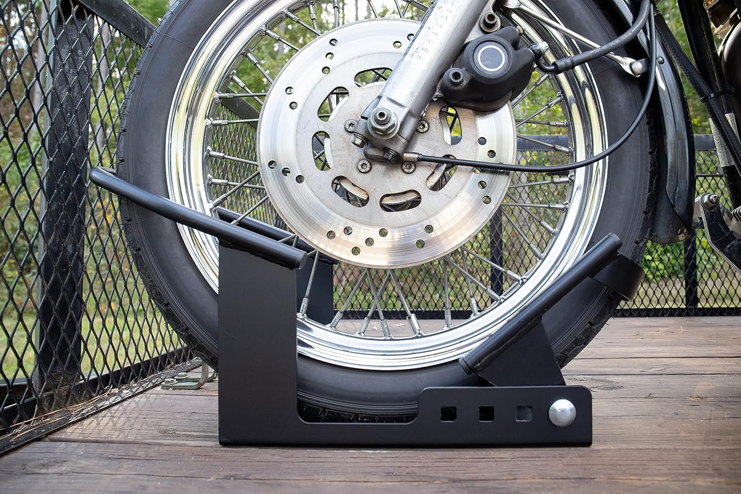 Camco Steel Universal Tire Fit Motorcycle Wheel Chock Mount for Truck Bed or Trailer Floor, Includes 2 Handlebar Straps