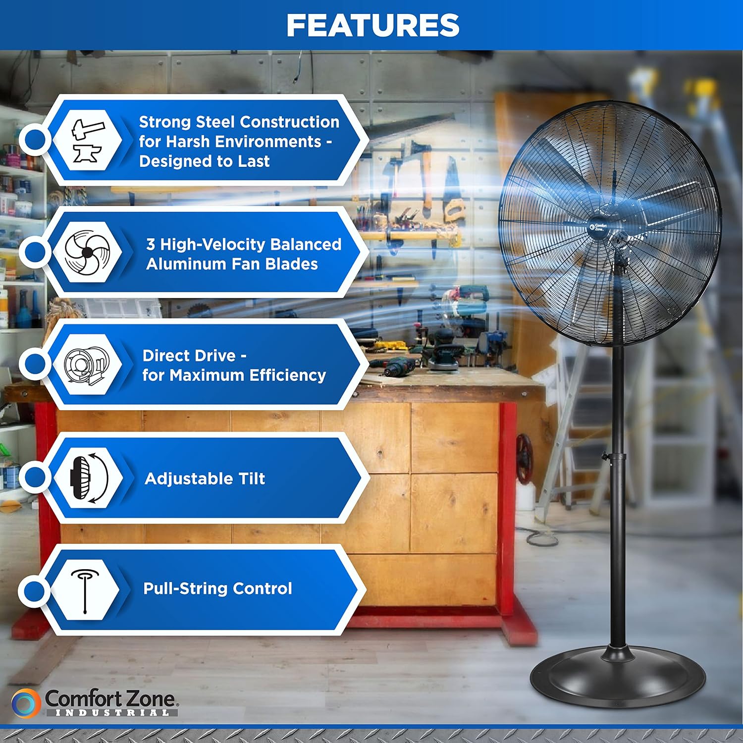 Comfort Zone Industrial Pedestal Fan, 30 inch, 3 Speed, High Velocity, Adjustable Height 56” to 76”, Metal, Meets OSHA Standards
