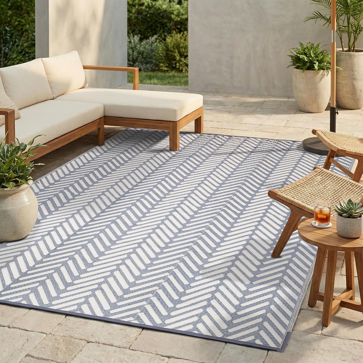 FH Home Outdoor Camping Rug - Waterproof, Fade Resistant, Reversible - Premium Recycled Plastic - Striped - Large Patio, Deck, Sunroom