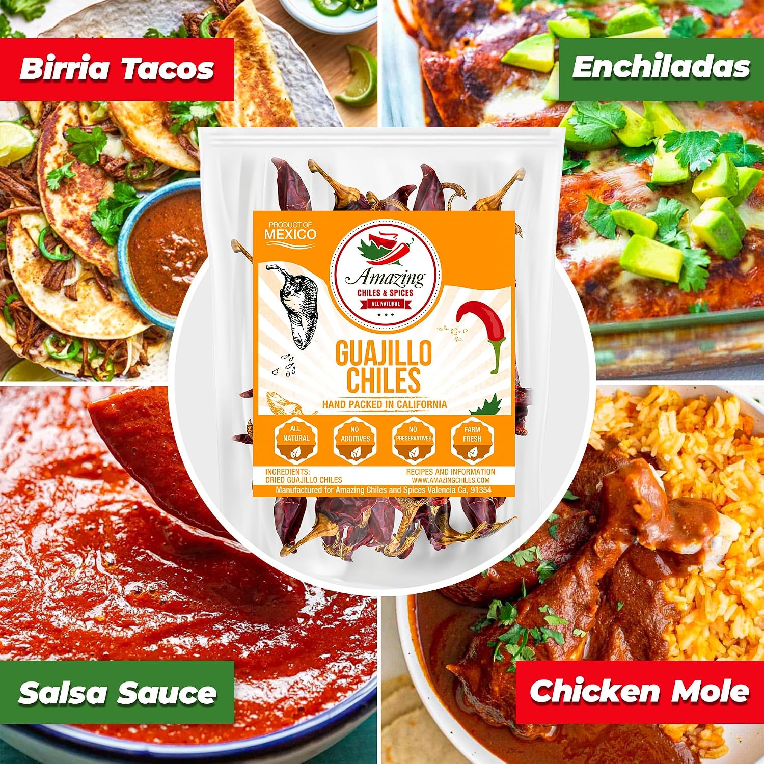 Guajillo Chiles Peppers Dried Whole 4 oz – Natural and Premium. Great For Mexican Recipes Like Mole, Tamales, Salsa, Meats. Mild to Medium Heat, Complex Fruity Flavor. Resealable Bag