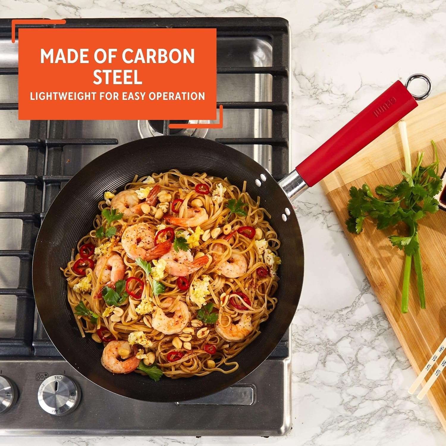 IMUSA 9.5 Inch Carbon Steel Nonstick Wok with Cool-touch Handle, Black | Cool-Touch Handle, Ideal for Stir Fry, Great for Everyday Meals