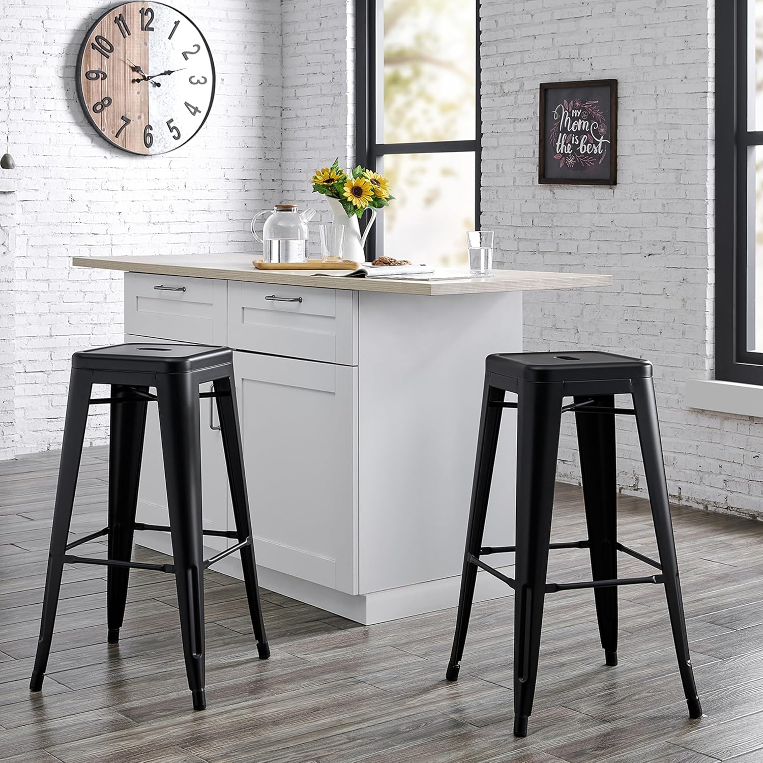AC Pacific 30” Metal Barstool Set of 2 – Country Rustic Style with Low Back, Lightweight & Sturdy Build, Easy Assembly – Matte Black
