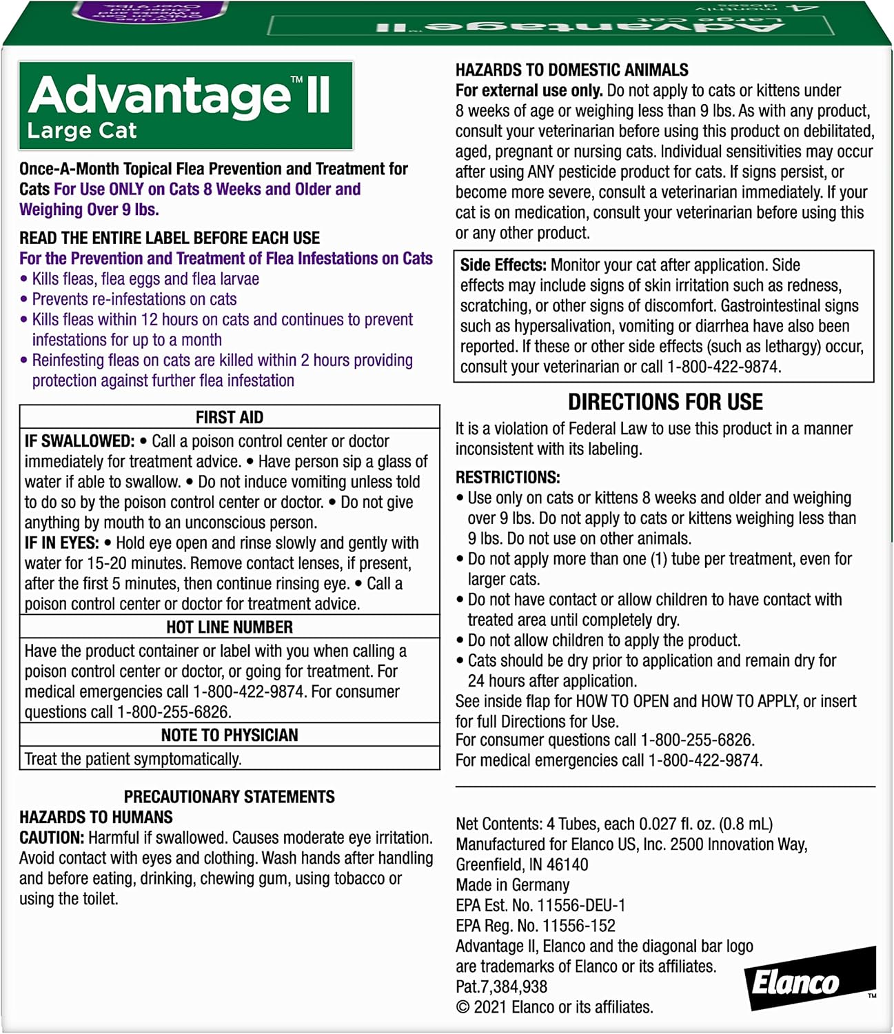 Advantage II Large Cat Vet-Recommended Flea Treatment & Prevention | Cats Over 9 lbs. | 4-Month Supply