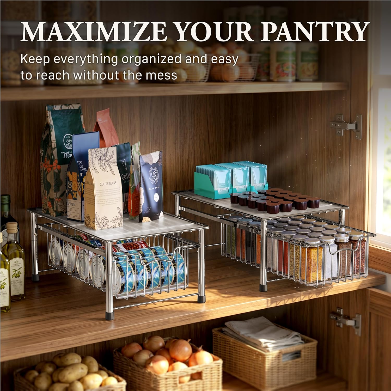 Simple Houseware Stackable 3 Tier Sliding Basket Organizer Drawer, Chrome
