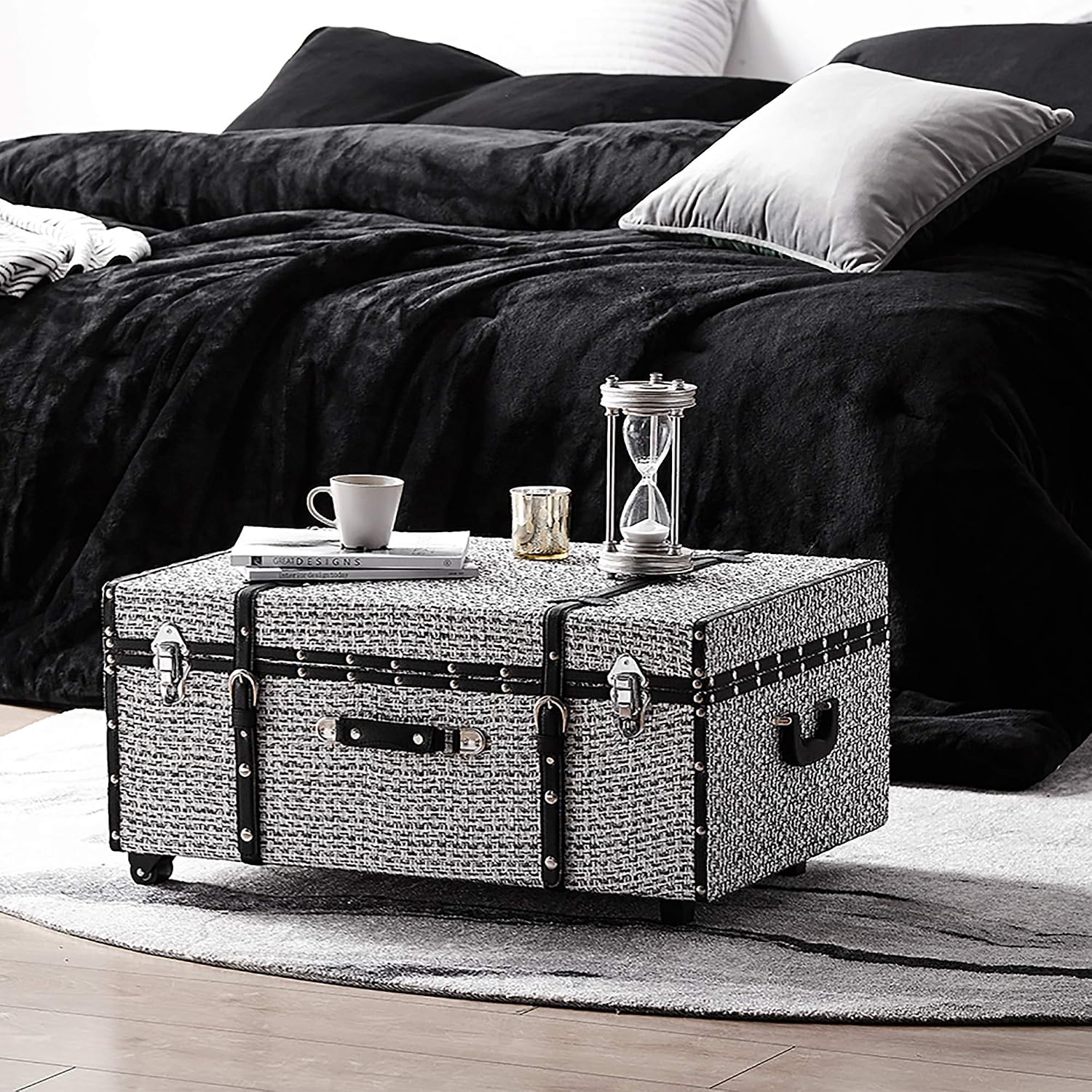 DormCo Texture® Brand Trunk - White Threaded Black 29"L x 20"W x 14"H