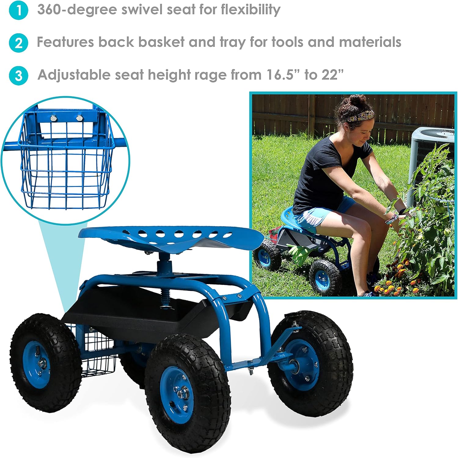 Sunnydaze Rolling Garden Cart with Seat - Garden Stool with Wheels and Adjustable 360-Degree Swivel Seat - Utility Tool Tray and Storage Basket - Green