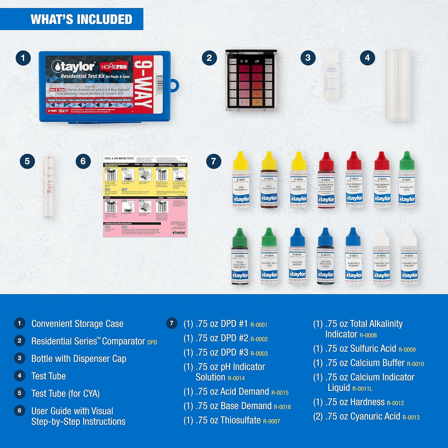 Taylor K-1005 DPD, 9-in-1 Pool Test Kit for Free & Total Chlorine, Bromine, pH, Base Demand, Alkalinity, Calcium Hardness
