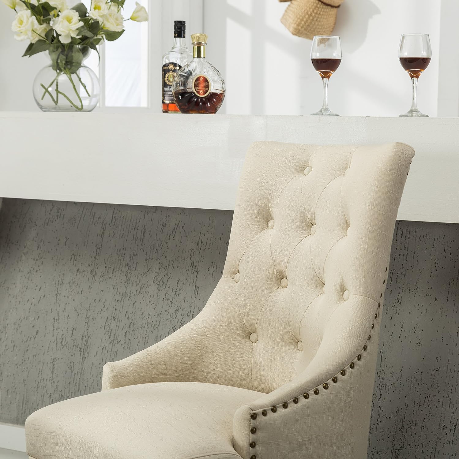 Roundhill Furniture Button Tufted Solid Wood Wingback Hostess Chairs with Nail Heads, Set of 2, Tan, White, "Tan, 24D x 22W x 39H in