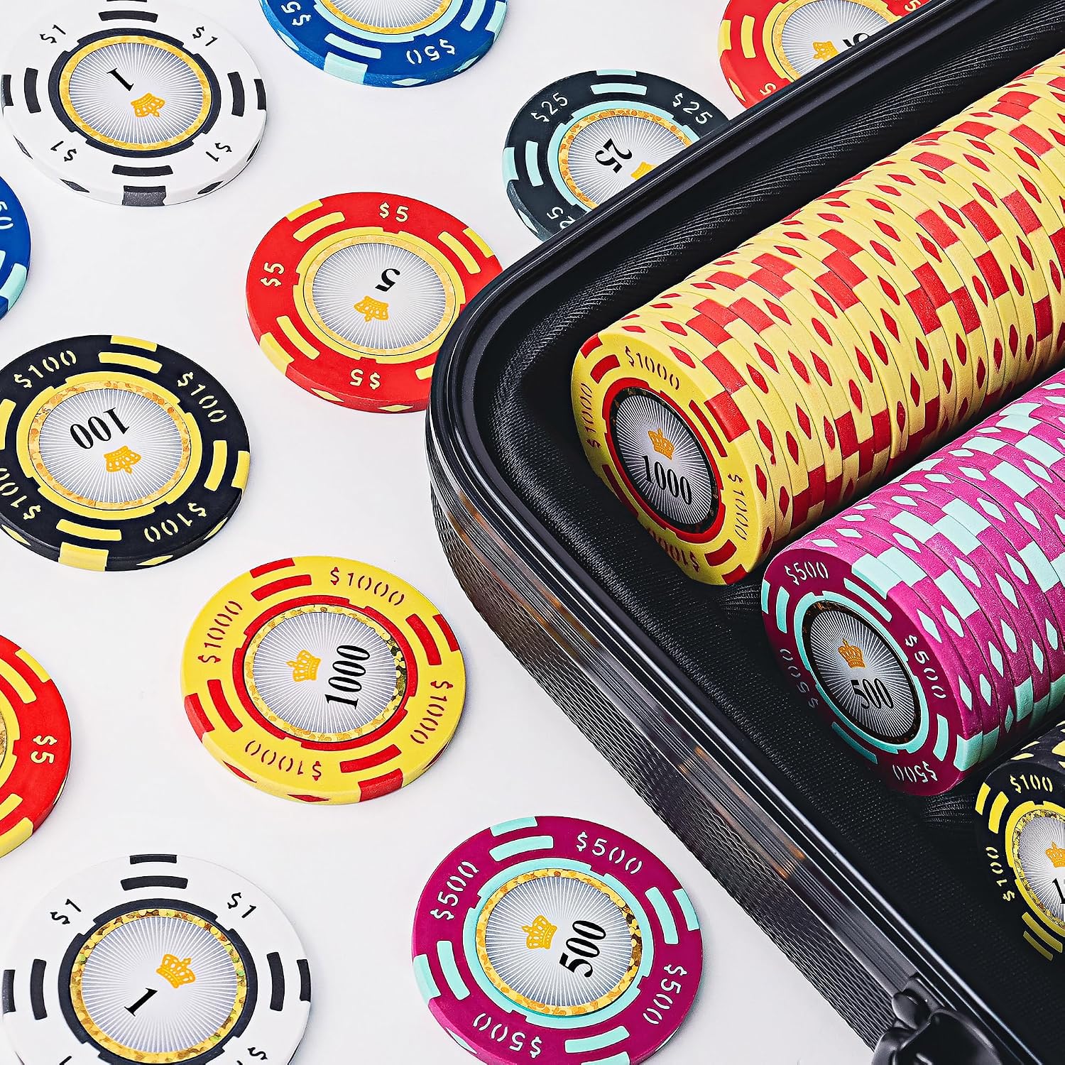 Versa Games Poker Chips - Clay Poker Chips Set - 13.5g 500 Piece Crown Casino Poker Set with Numbers Denomination - Upgraded Poker Set Case