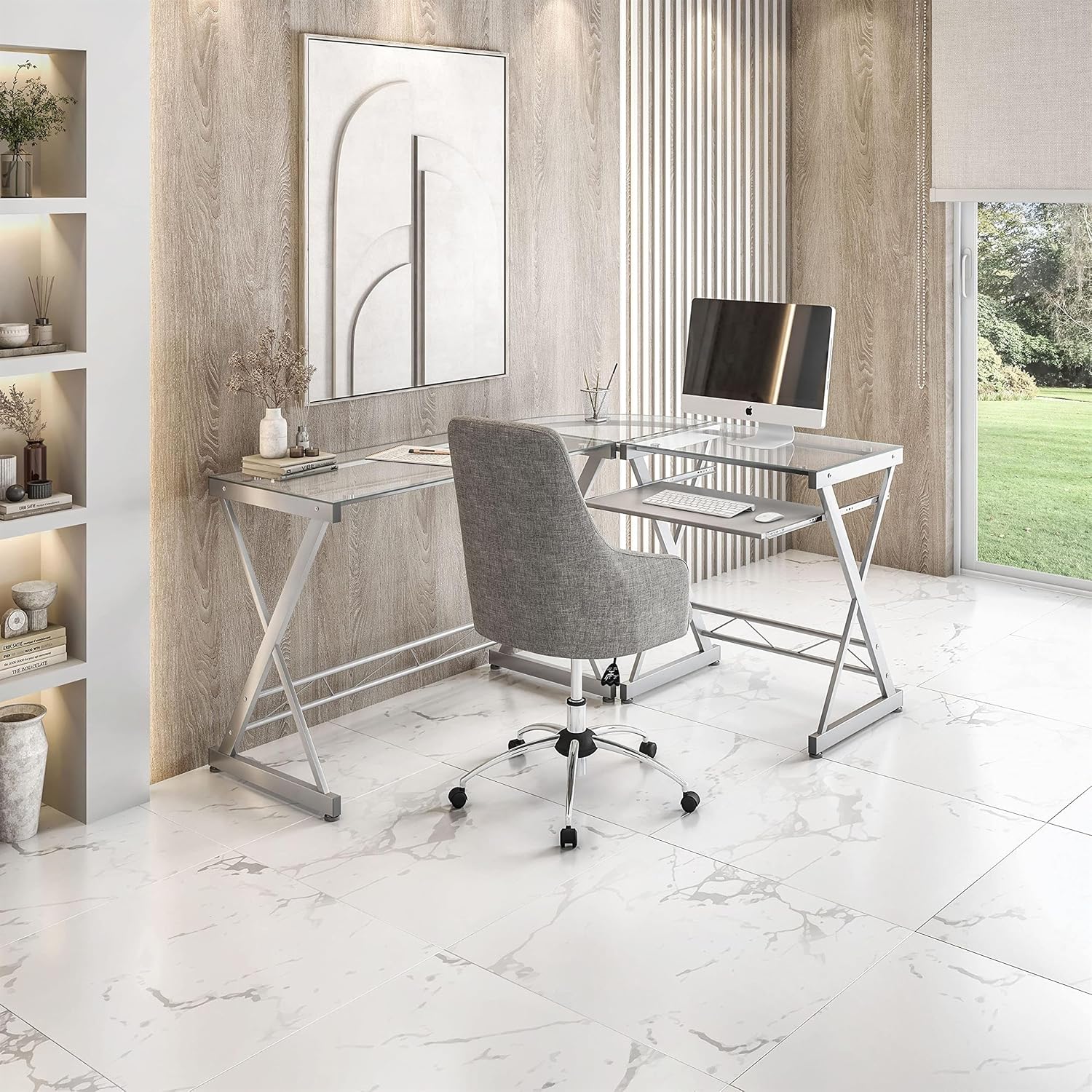 Scranton & Co Modern L-Shape Computer Desk, Glass and Steel, Clear Finish, 29.5" H x 61.75" W x 45.25" D, Reversible Design, Pull-Out Keyboard Tray