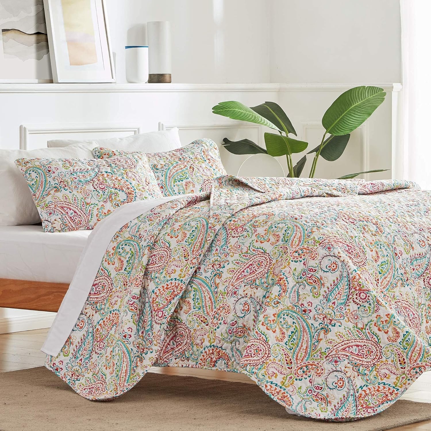 SLEEP ZONE 3-Piece Printed Quilt Set - Full/Queen Size - Lightweight Reversible Bedding Coverlet Set for All Season (Classic Paisley Pattern)
