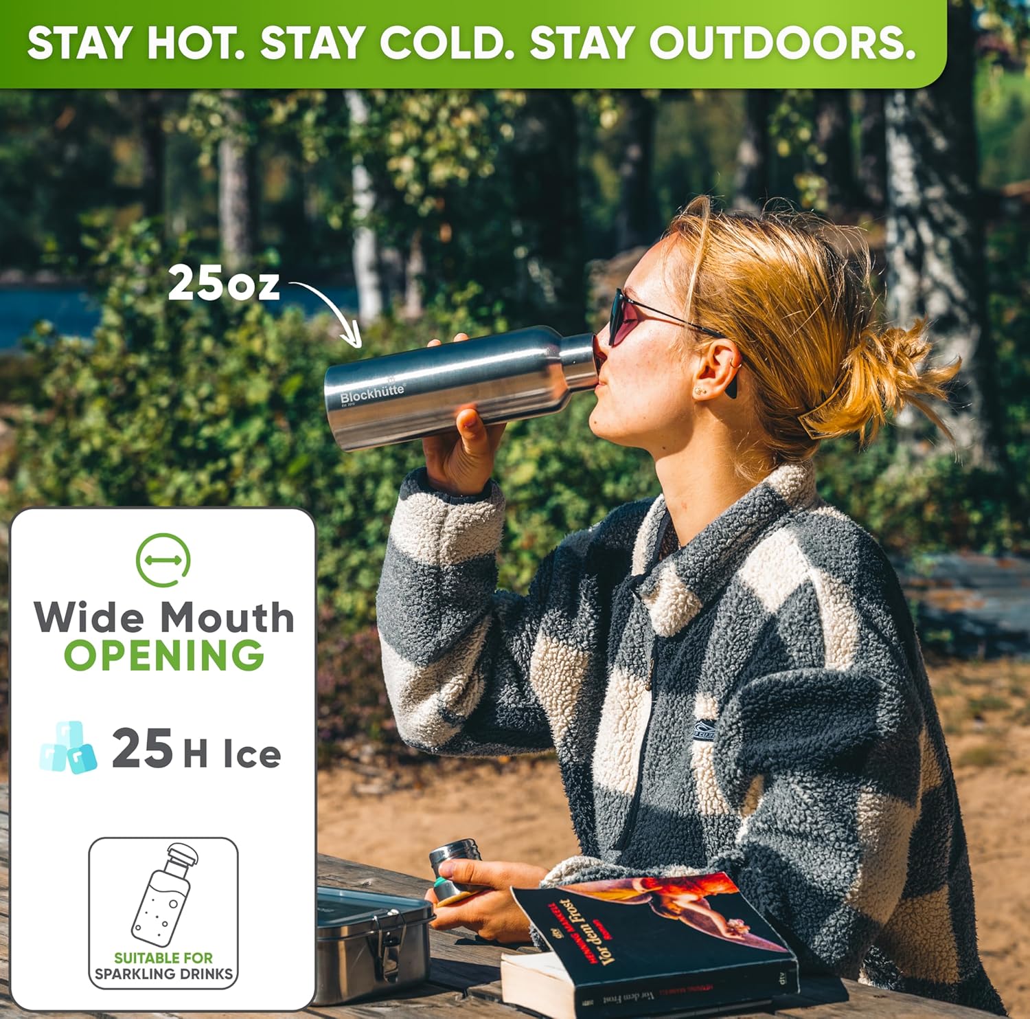 Blockhütte Vacuum Insulated Stainless Steel Water Bottle - 17 oz I Wide Mouth Metal Bottle for hot and cold drinks I BPA-Free I perfect for Travel