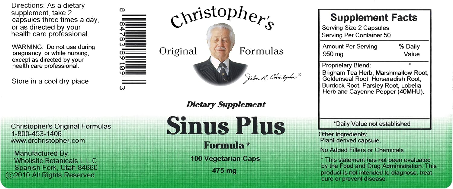 Christopher's Original Formulas Sinus Plus, Sinus Support Capsules, Whole Herb Synergistic Blend, 100 Count