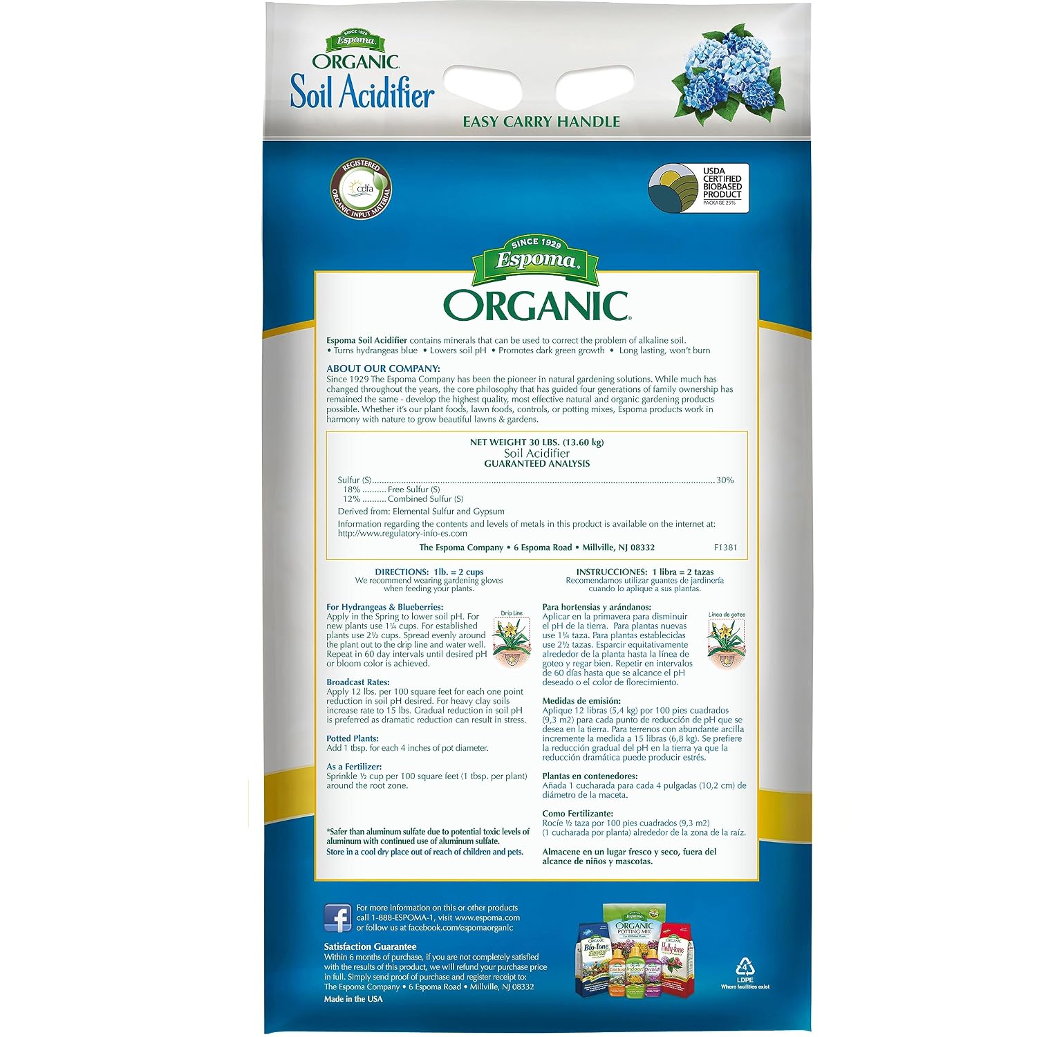Espoma Organic Soil Acidifier Soil Amendment; Lowers Soil pH and Turns Hydrangeas Blue! Contains Elemental Sulfur & can be Used for Organic Gardening 30 lb. Bag - Pack of 1