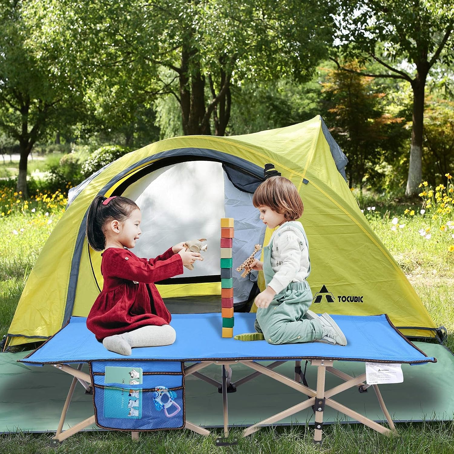 REDCAMP Extra Long Kids Cot for Camping 2-7 Years, Portable Travel Toddler Cot Bed with Carry Bag, Lightweight for Outdoor Indoor Home, Blue 53''x26''